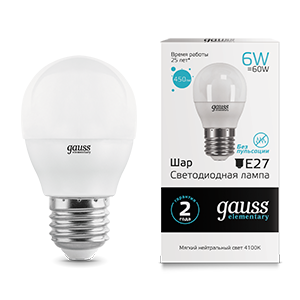 Лампа светодиодная LED 6 Вт 450 Лм 4100К белая Е27 Шар Elementary Gauss