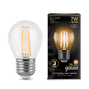 Лампа светодиодная LED 7 Вт 550 Лм 2700К теплая Е27 Шар Filament Gauss