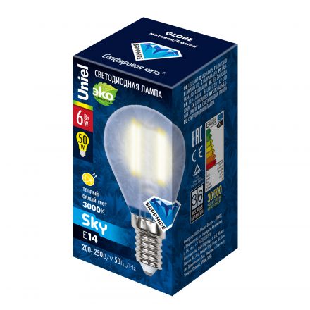 Лампа светодиодная LED 6вт 200-250В шар матовое 500Лм Е14 3000К Uniel Sky филамент