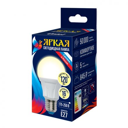 LED-A60 16W/3000K/E27/FR PLP01WH Лампа светодиодная. Форма «А», матовая. Серия Яркая. Теплый белый свет (3000K). Картон. ТМ Uniel.