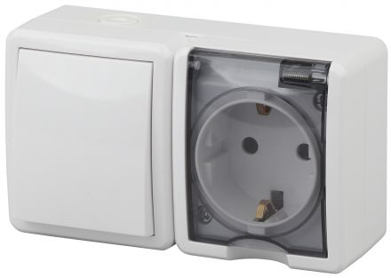 Блок розетка+выключатель IP54, 16A(10AX)-250В, ОУ, Эра Эксперт, белый, 11-7401-01