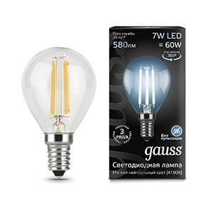 Лампа светодиодная LED 7 Вт 580 Лм 4100К белая Е14 Шар Filament Gauss